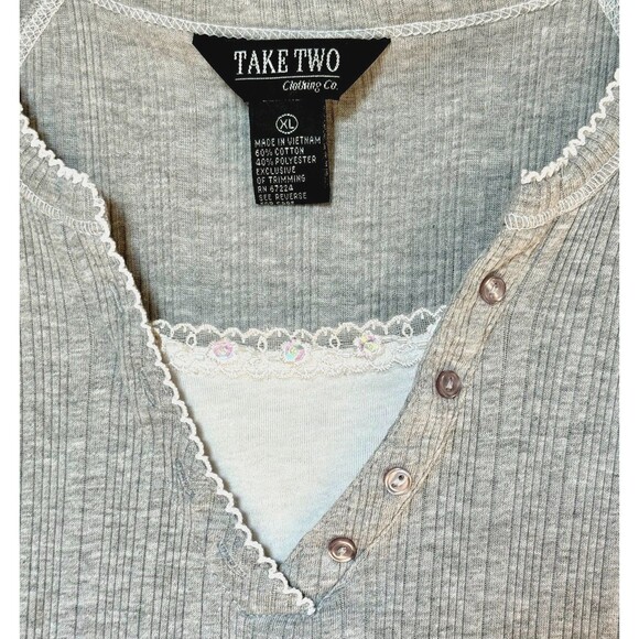 Take Two Womens Shirt Top XL Gray Short Sleeve Round Neck Rhinestones Preppy Y2K - Picture 2 of 4